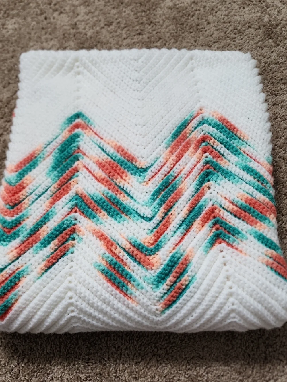 Handmade White Chevron Knit Throw with Teal and Coral Accents
